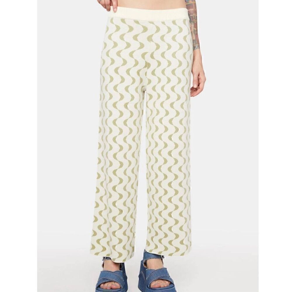 LELIS Cream & Green High Waist Wide Leg Knit Swirl Pants Size S